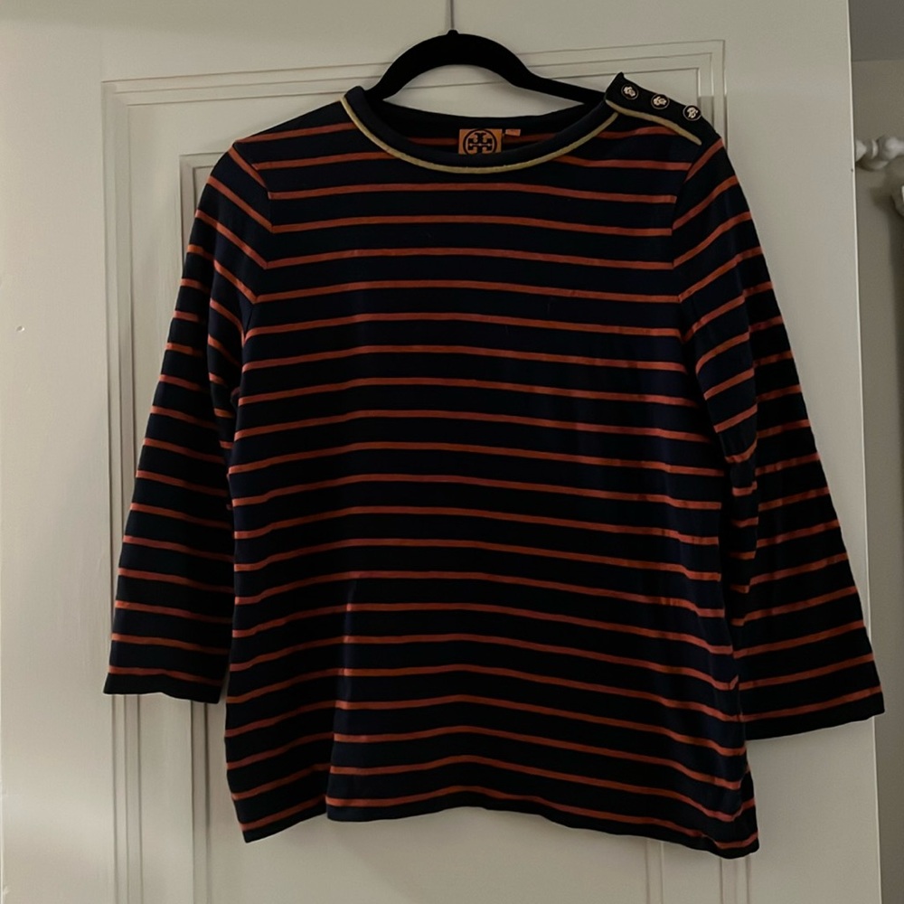 Tory Burch Navy and Red Striped Crew Neck Sweater